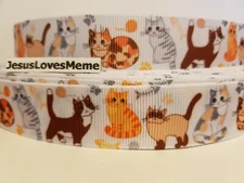 Grosgrain Ribbon Cats Kittens Siamese Tabby Calico Meow Kitty Fish Bones, 7/8"