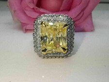 4Ct Emerald Cut Yellow Citrine Double Halo Engagement Ring 14k White Gold Finis