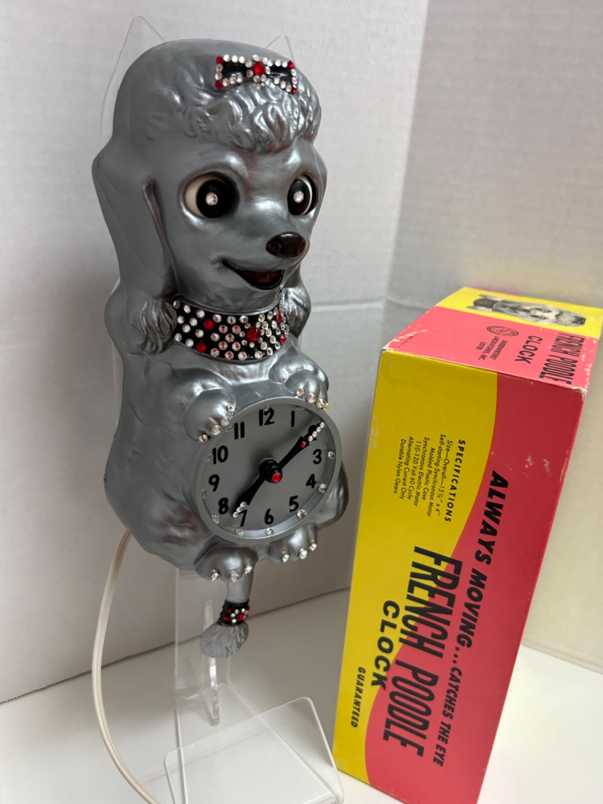 ULTRA RARE SILVER 60’s jeweled POODLE clock P1 with BOX! vintage kit cat klock eBay