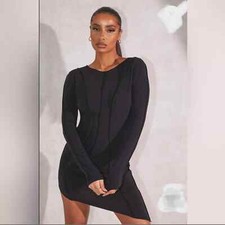 PrettyLittleThing BLACK JERSEY RAW SEAM LONG SLEEVE ASYMMETRIC BODYCON DRESS