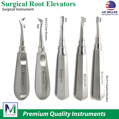 Set Of 5 Dental Luxating Elevators Straight Curved Shank Surgical Extraction Kit