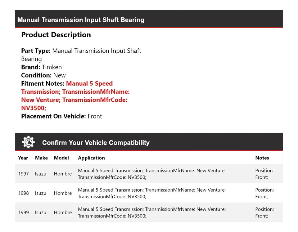 For 1997-1999 Isuzu Hombre Manual Transmission Input Shaft Bearing Front Timken - Image 2 of 4