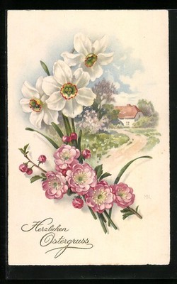 Artist postcard Meissner & book M&B No. 2951: landscape with flowers, Easter greeting 