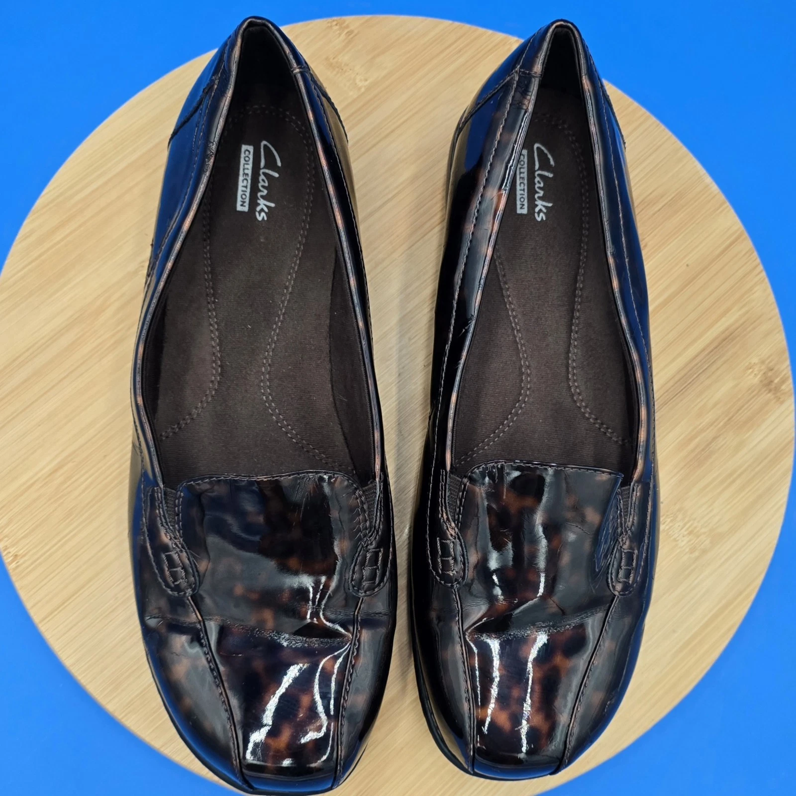 Scarpe Clarks mocassini slip on donna 11M stampa tartaruga vernice lucida