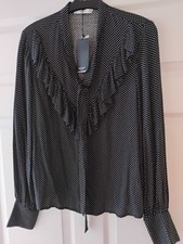 MANGO 🌸 Black & White Polka Dot Spotty Ruffle Tie Neck Shirt /Blouse  Sz S 8