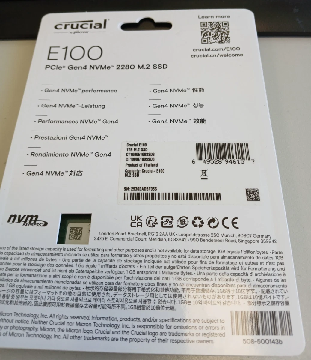 SSD Crucial E100 1 TB PCIe Gen4 NVMe 2280 M.2
