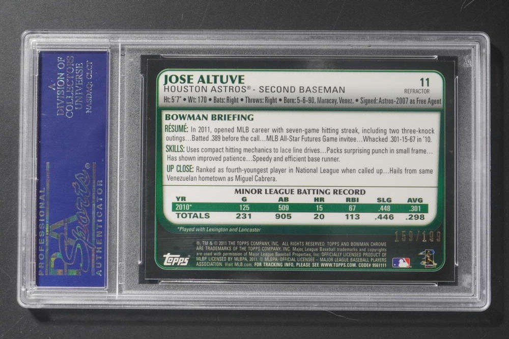 2011 Bowman Draft Jose Altuve #11 Blue Refractor Rookie /150 PSA 10 POP 6 DA1235 view 2
