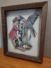 Vintage 3D Paper Tole Shadow Box Picture – Girl with Dogs & Parrot – Layered Art