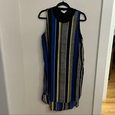 Bar III Black Blue Neon Green Striped Sleeveless Tunic Blouse Women's Sz L
