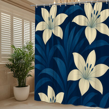 Navy Floral Shower Curtain with White Lilies - Elegant Bathroom Decor