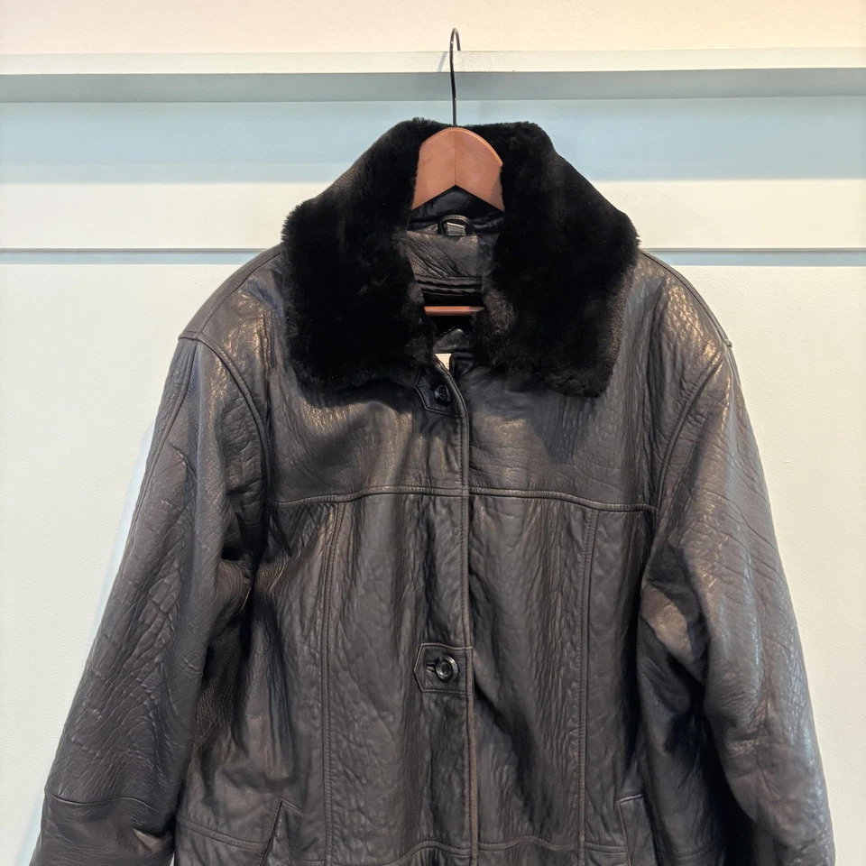 Vtg Charles Klein Genuine Leather Coat Men XL Black Faux Fur Collar Zip Liner - Image 4 of 4