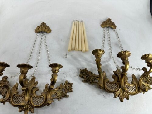 Pair Vtg Homco Gold Triple Candle Stick Holder Wall Sconce Complete 4002T 4002