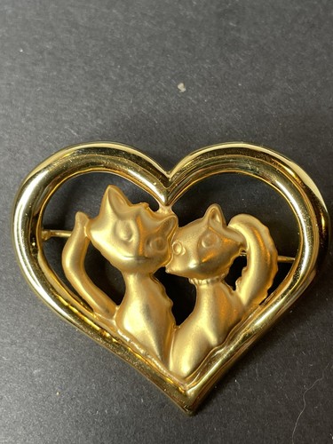 Spilla gatto Danecraft tono oro satinato cuore gatti gattini amici anni 80 - Foto 6 di 6