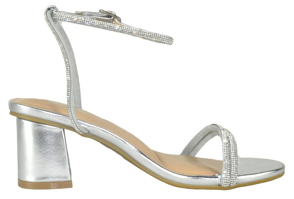 Top Moda Women Block Short Heels Open Toe Strap Bling Rhinestone CITY-1 Silver - Image 3 of 3