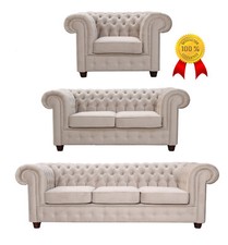 Chesterfield Sofa Set 3-2-1 Schlaffunktion Sessel Creme Wei&szlig; Samt Luxury Vintage