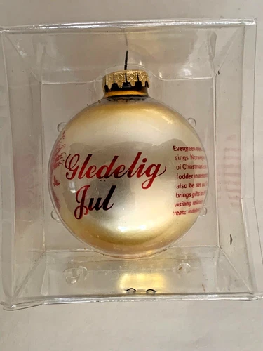 Vintage Bronners Christmas Customs of NORWAY Glass Ball Ornament GLEDELIG JUL