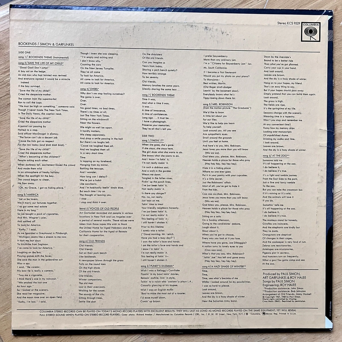 Simon and Garfunkel - Bookends, with lyrics on back of album 1968