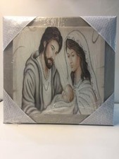 QUADRO SACRA FAMIGLIA CON CORNICE COLOR TORTORA E GLITTER ARGENTO 50x48 cm