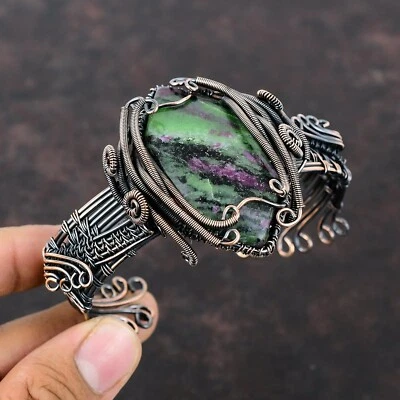 Ruby Zoisite Gemstone Jewelry Copper Valentine Gift Wire Wrapped Adjustable Cuff - Image 1 of 4
