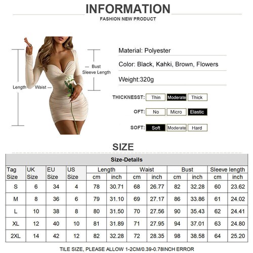 Sexy Damen V-Ausschnitt Bodycon Club Minikleid Damen Langarm Partykleider - Bild 2 von 10