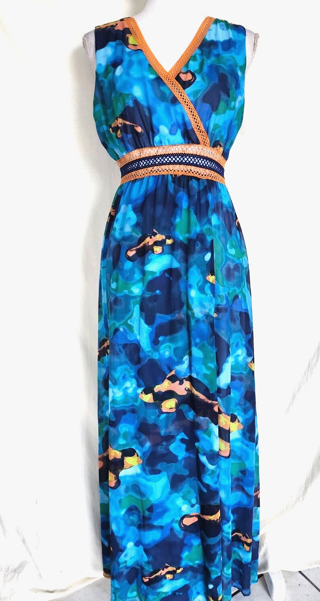 NWT Nikki Poulos Sleeveless V Neck Long Maxi Dress Size M Blue Orange  Watercolor | eBay