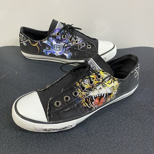 Ed Hardy Shoes Womens 10 Skull Tiger Grunge Sneakers Slip On Half Lace Black Y2K