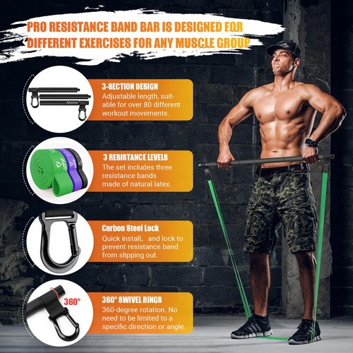 Portable Heavy Duty Resistance Bar with 3 Resistance Bands, Pilates Bar with ... - Picture 2 of 7