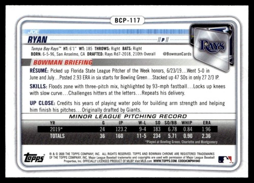 Bowman Chrome Sapphire Edition 2020 Joe Ryan Tampa Bay Rays #BCP-117 - Foto 2 di 2