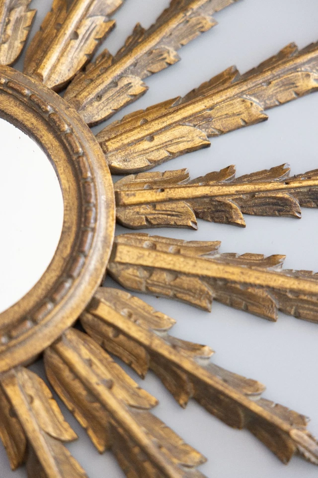 Antique 1910's French Gold Gilt Wood Sunburst Starburst Convex Mirror 25.5" - Image 3 of 4