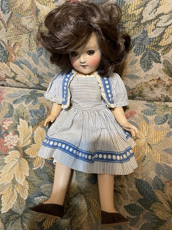 Vintage Fashion Doll Brown Wavy Hair Blue Striped Dress MPN 301