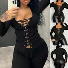 Plus Size Women Sexy Lace Up Tops T-Shirt Long Sleeve Slim Fit Hollow Out Blouse