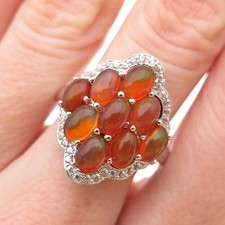 925 Sterling Silver Real Fire Opal  White Topaz Cluster Ring Size 8.25