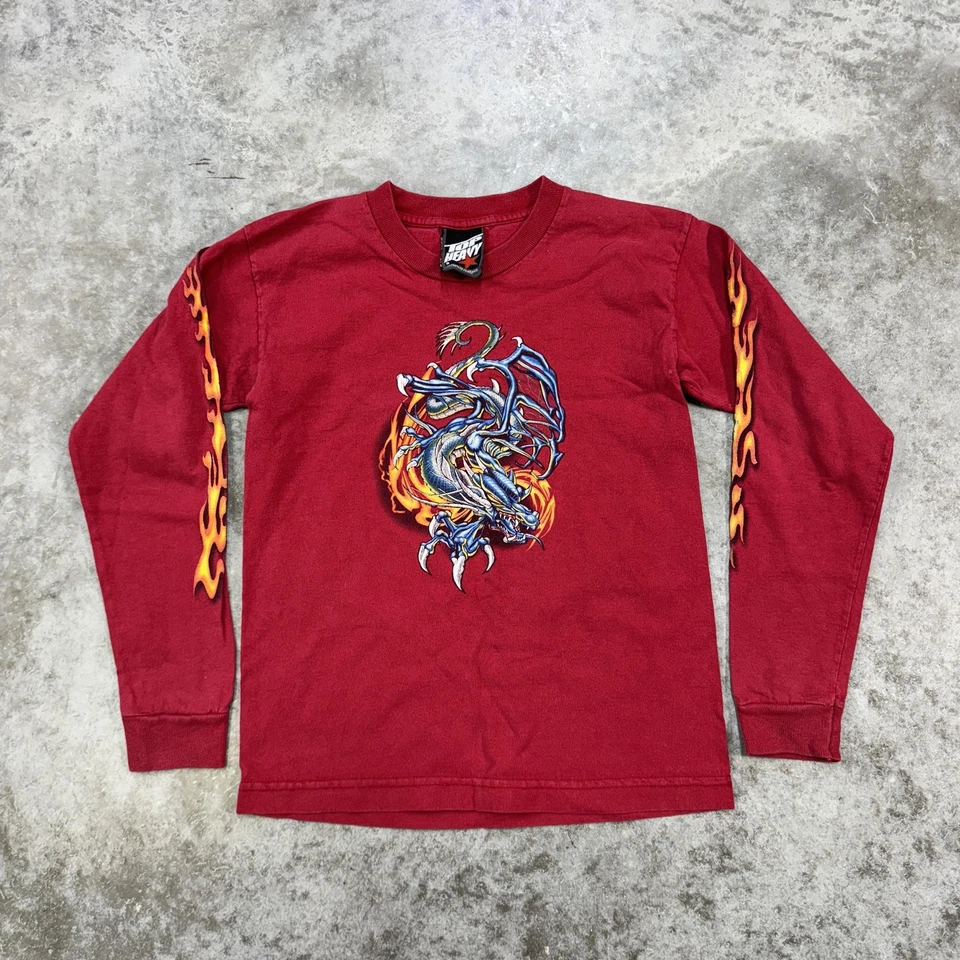 Top Heavy Shirt boys Small Red Dragon Flames Graphic Long Sleeve Y2K Skater Tee - Image 2 of 4