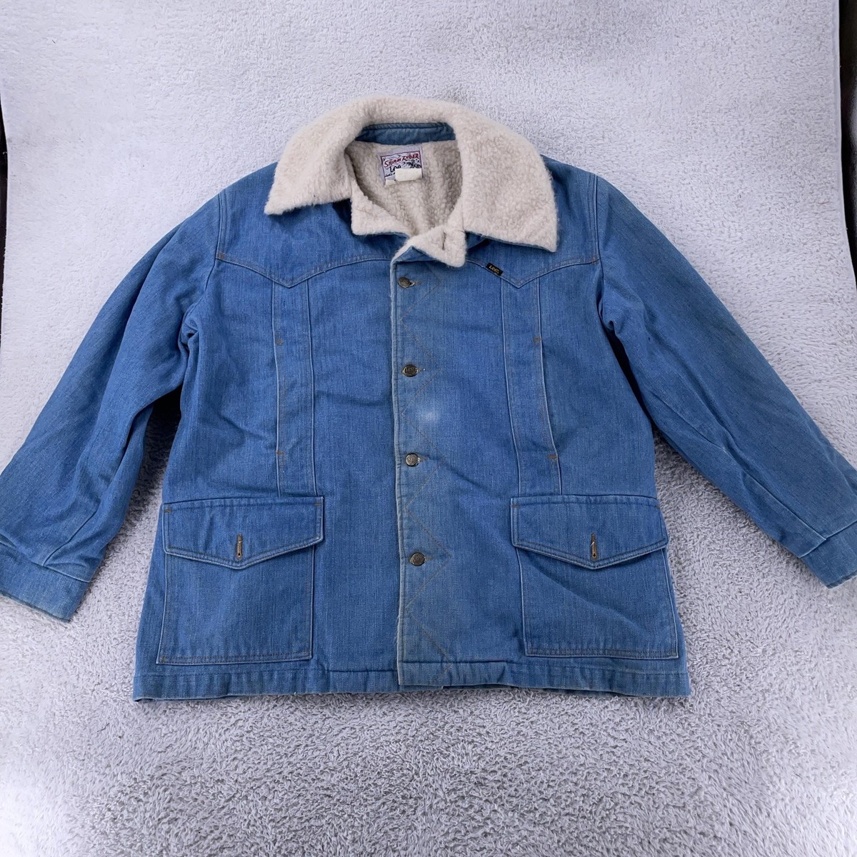 Vintage Lee Storm Rider Denim Jacket Mens XL Blue Sherpa Lined
