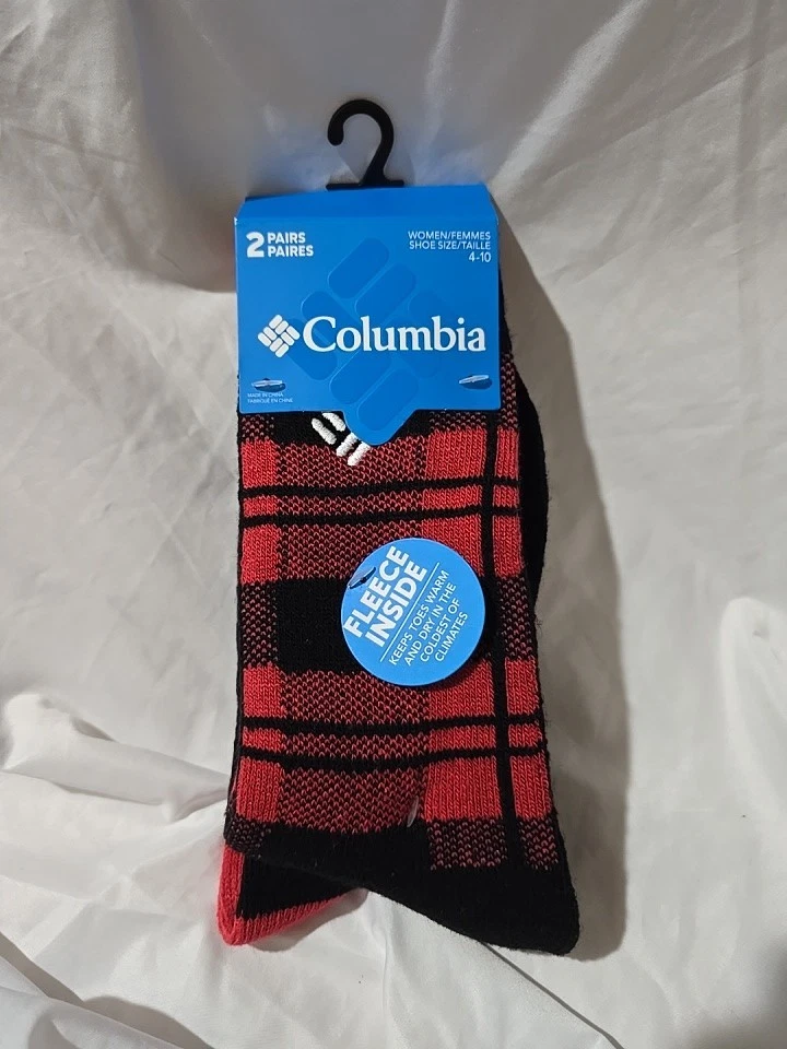 NWT Columbia Women's Fleece Inside Thermal Crew Socks 2Pk Plaid Pink Red Black