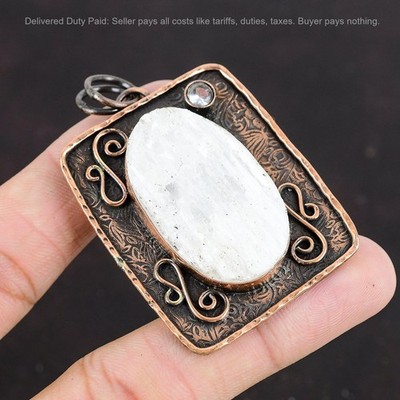 Selenite Druzy Gemstone White Topaz Copper Anniversary Birthday Pendant Jewelry