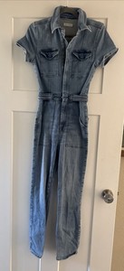 Good American Jumpsuit Womens 1 Light Blue Denim Short Sleeve Zip Front Utility