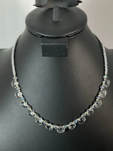 VETEMENTS Collana Perline Vintage 20” Perline Vetro Trasparente Sfaccettato Tono Argento Regolabile Gioielli