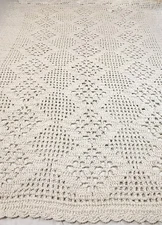 VTG Handmade BLANKET/AFGHAN Crochet Ivory ThickHeavy Cottage/Grannycore 73 x 54”