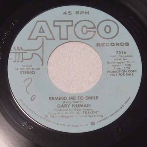 Gary Numan Promo 7" 45 Record Remind Me to Smile ATCO 7316 1980 New Wave - Picture 2 of 2