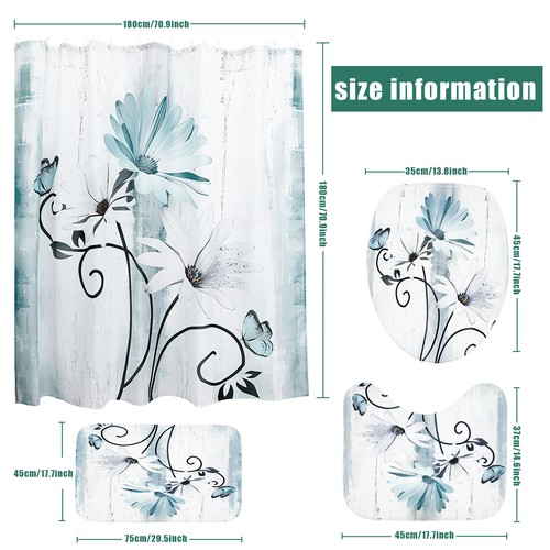 4Pcs Shower Curtain Bath Set Waterproof Toilet Lid Cover Floor Mat and 12 Hooks^ - Picture 10 of 12