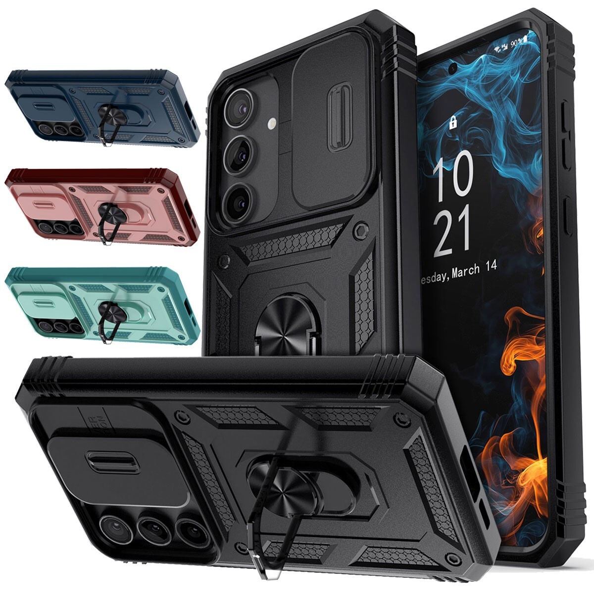 Rugged Protective Case with Ring Camera Lens Slide for Samsung Galaxy S24 FE 5G - Durable Cover Design