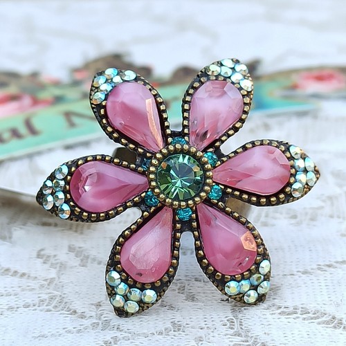 Michal Negrin Ring Pink Large Star Flower With Swarovski Crystals Colorful Gift - Picture 16 of 22