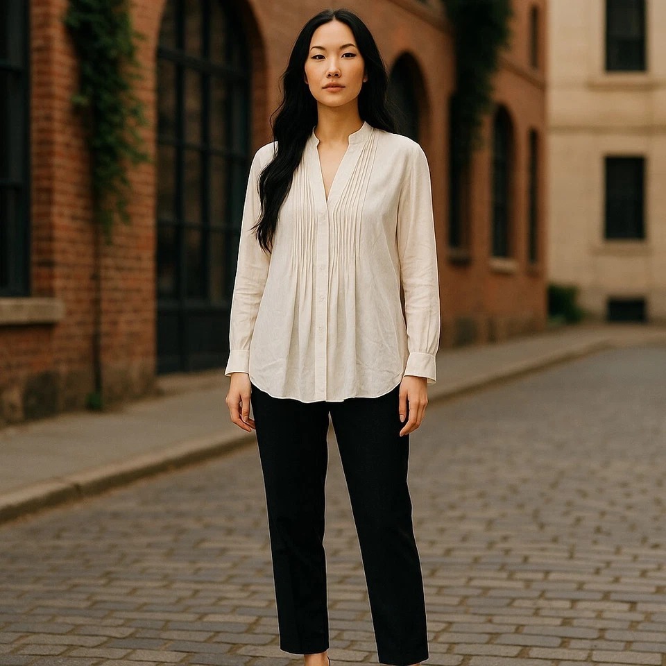 Blusa Elie Tahari L Mujer Marfil Sauce Seda Cárdigan Ligero Gancho y Ojo Foto 2 de 4