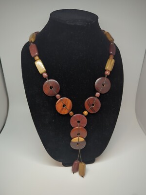 Wooden Necklace Beaded Boho Round Disc Long Y 24'' Exotic Wood Excellent!