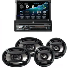 Dual Single DIN Bluetooth Receiver w 7" Flip Out Touchscreen 6.5" + 6x9 Speakers
