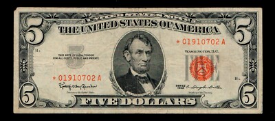  $5 1963 Red Seal United States Note STAR Free Shipping (B94)