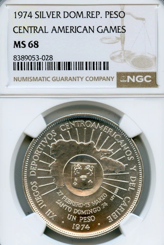 DOMINICAN REPUBLIC 1 PESO SILVER CROWN 1974 MS-68 NGC CENTRAL AMERICAN GAMES