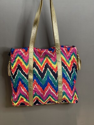 Lilly Pulitzer Hearts A Flutter Multi Chevron Shopper Tote Bag Expandable Tassel
