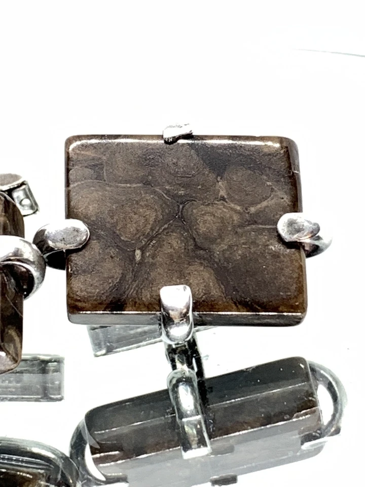 Vtg 1950s Modernist Sterling Silver Jasper Monzanite Calcite GEMSTONE Cufflinks - Image 2 of 4